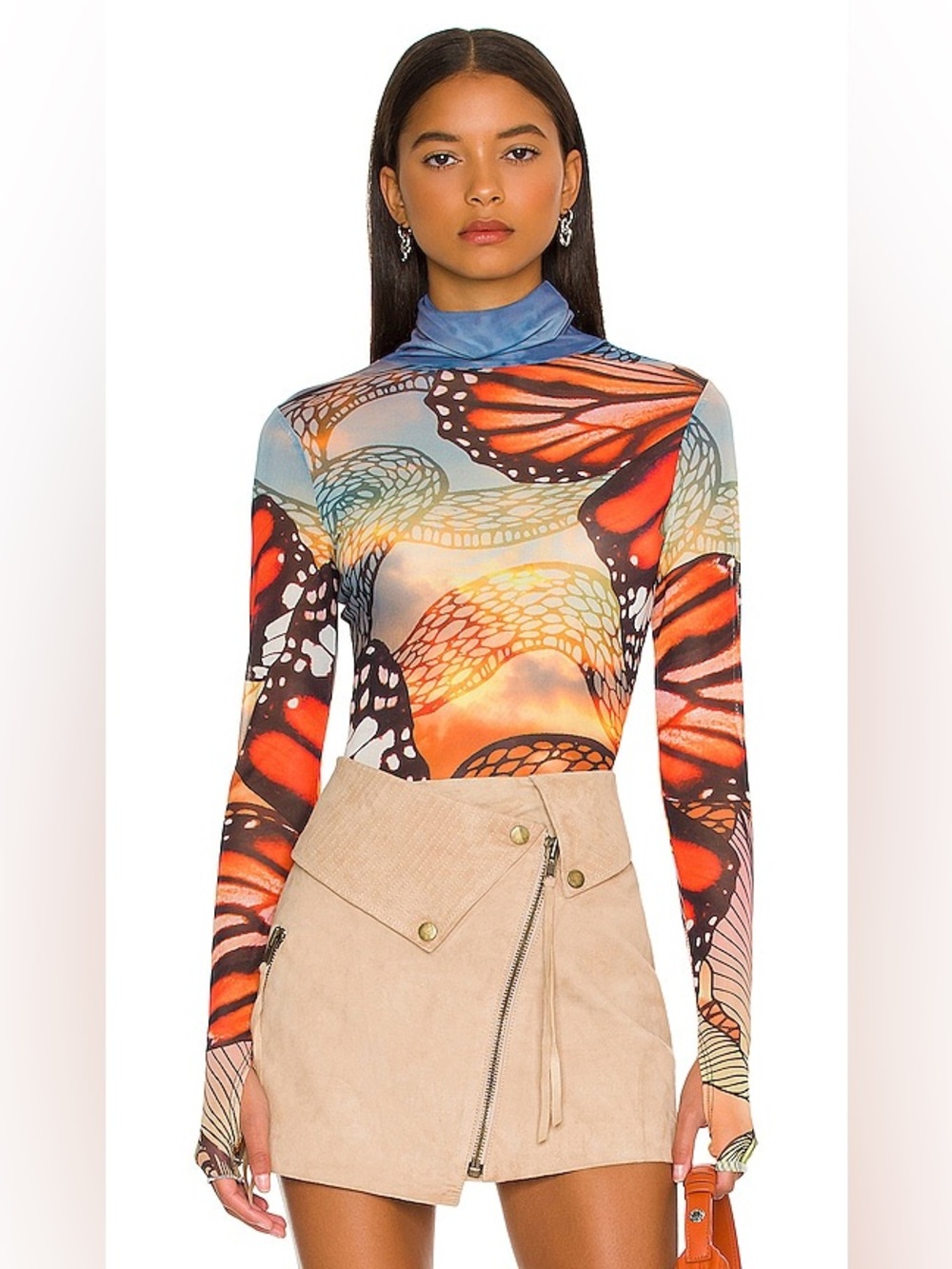 AFRM Sheer Monarch Butterfly Mesh Long-Sleeve Top - Orange & Black
